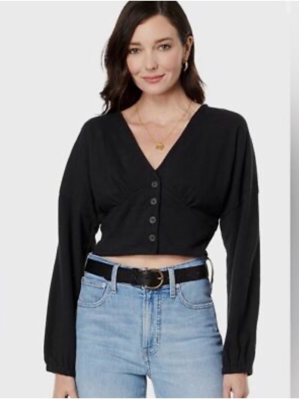 Madewell Black Button-Front V-Neck Cropped Top